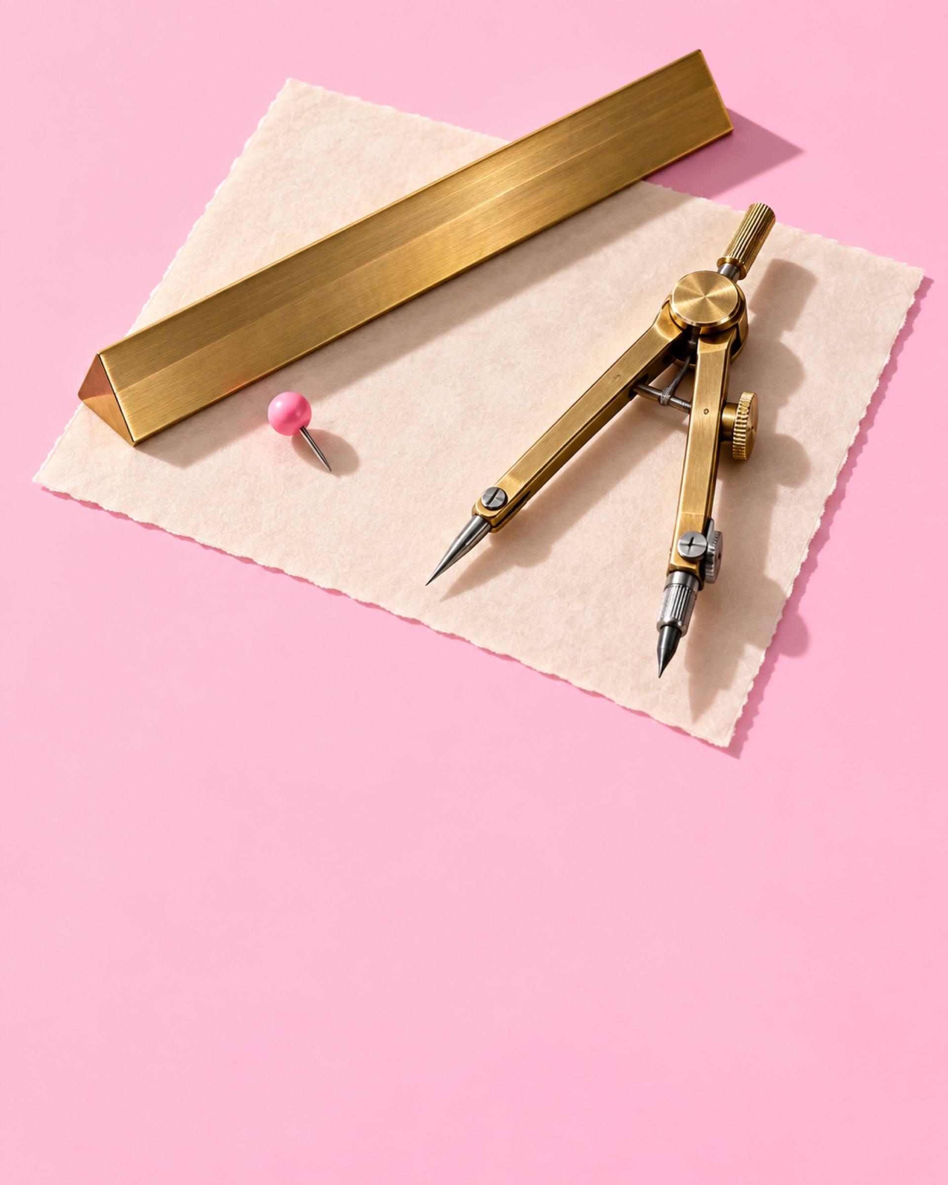 A brass drafting compass and ruler on handmade paper, with a pink pin