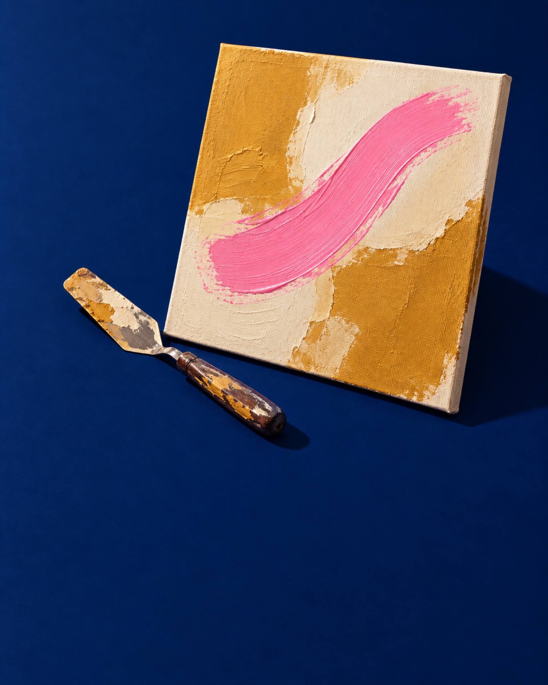 A canvas with a thick pink brushstroke beside a paint-covered palette knife