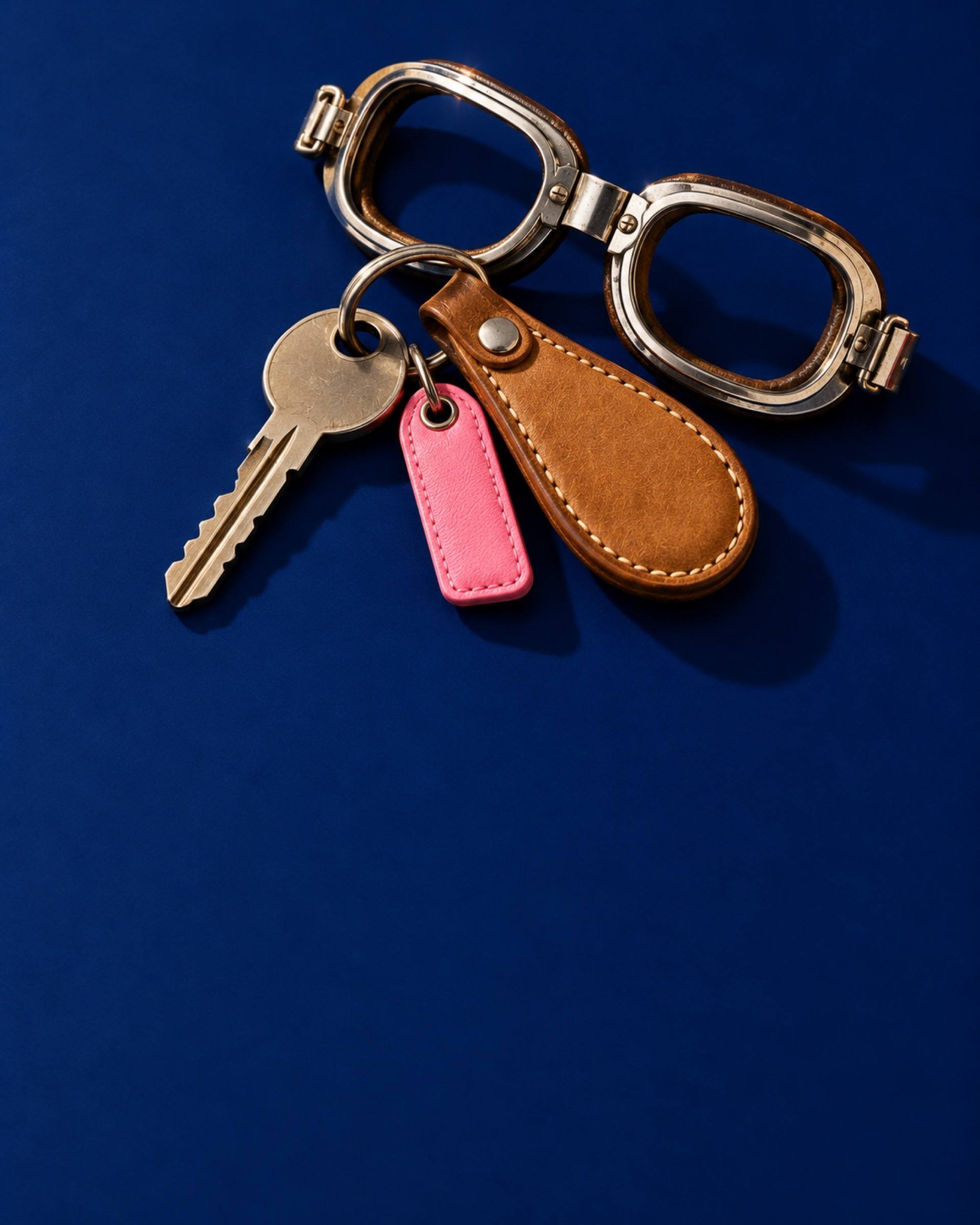 Vintage driving goggles with a car key, a leather fob and a pink tag