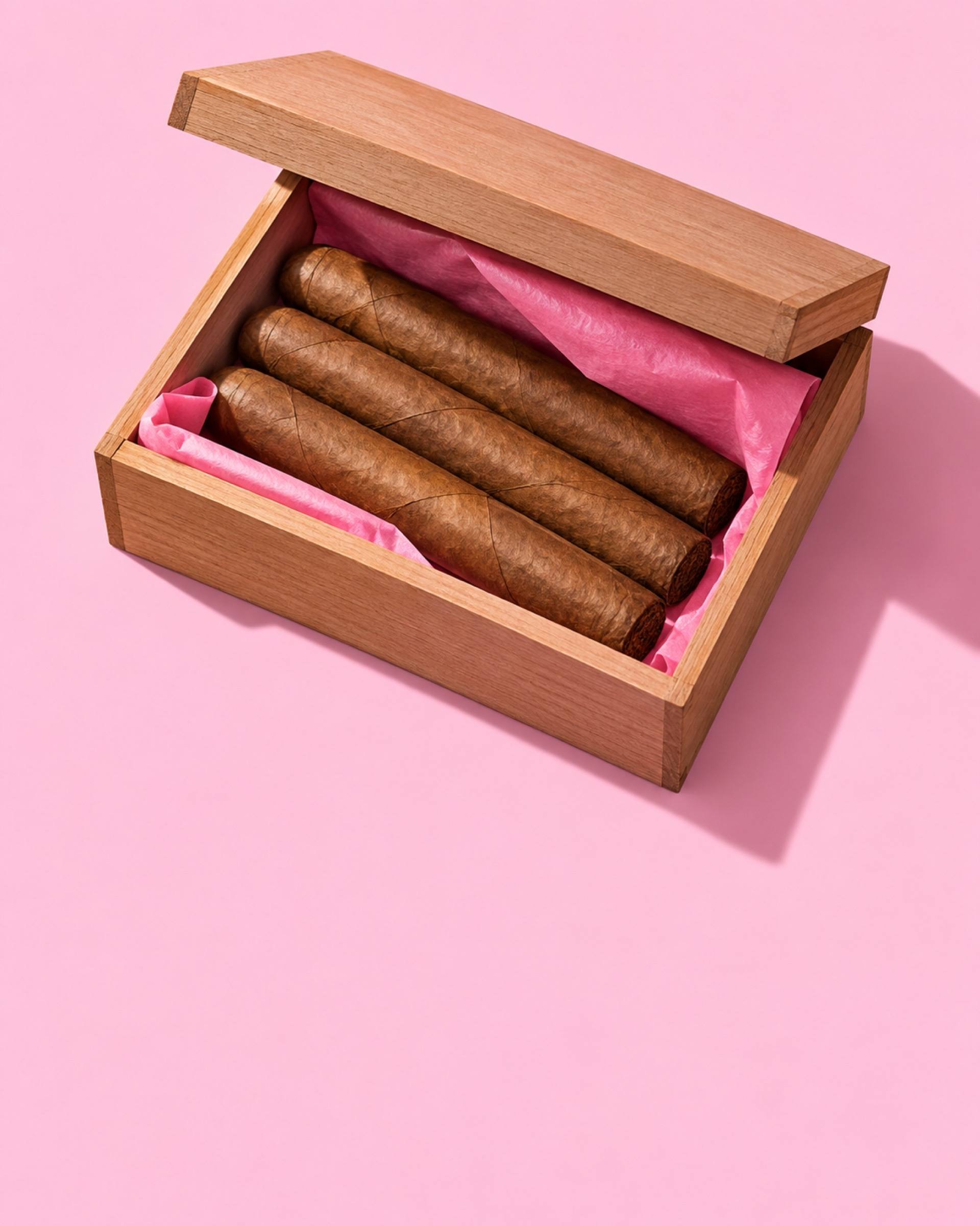 Three cigars in an open wooden box lined with pink tissue