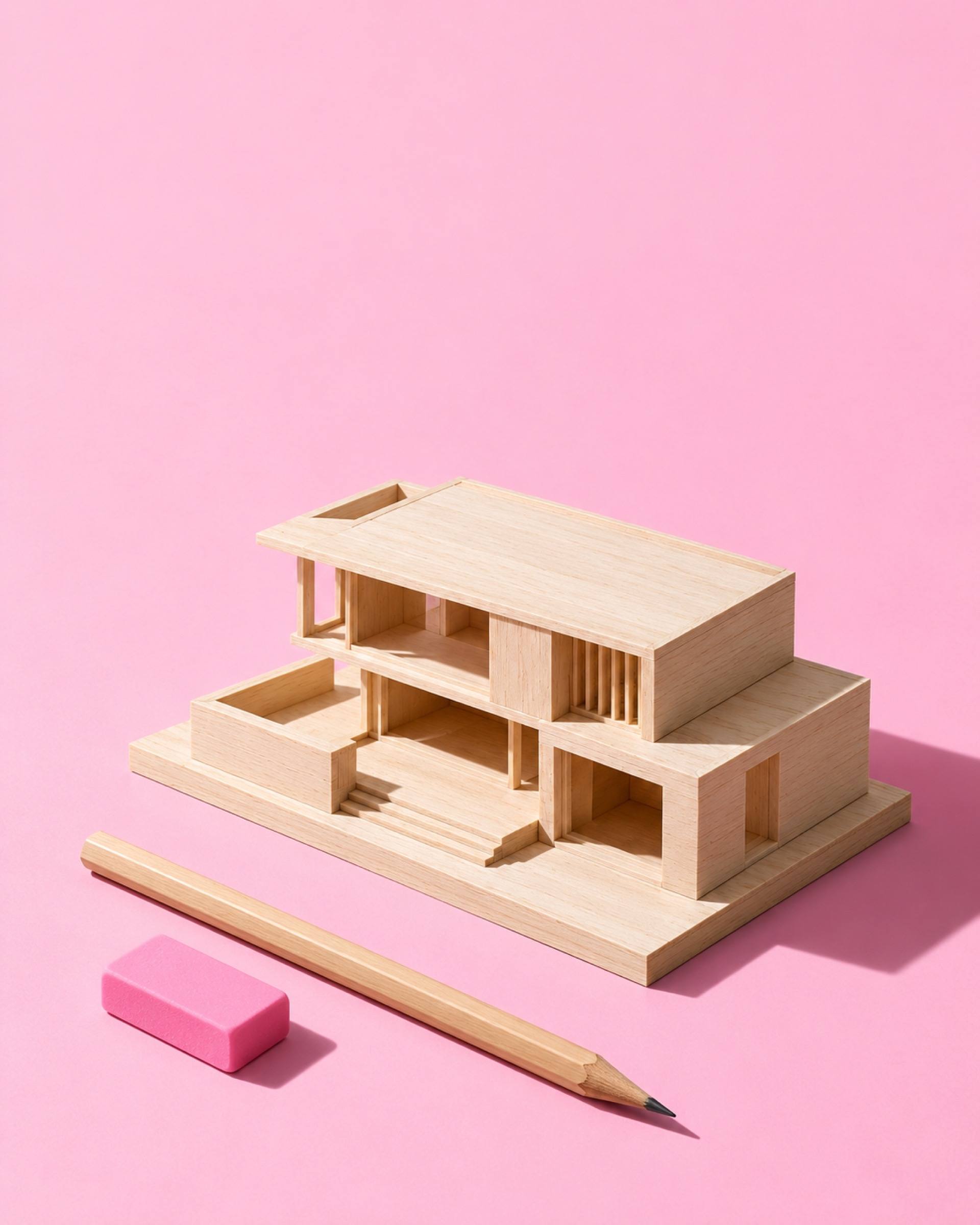 A balsa-wood model of a house beside a pencil and a pink eraser
