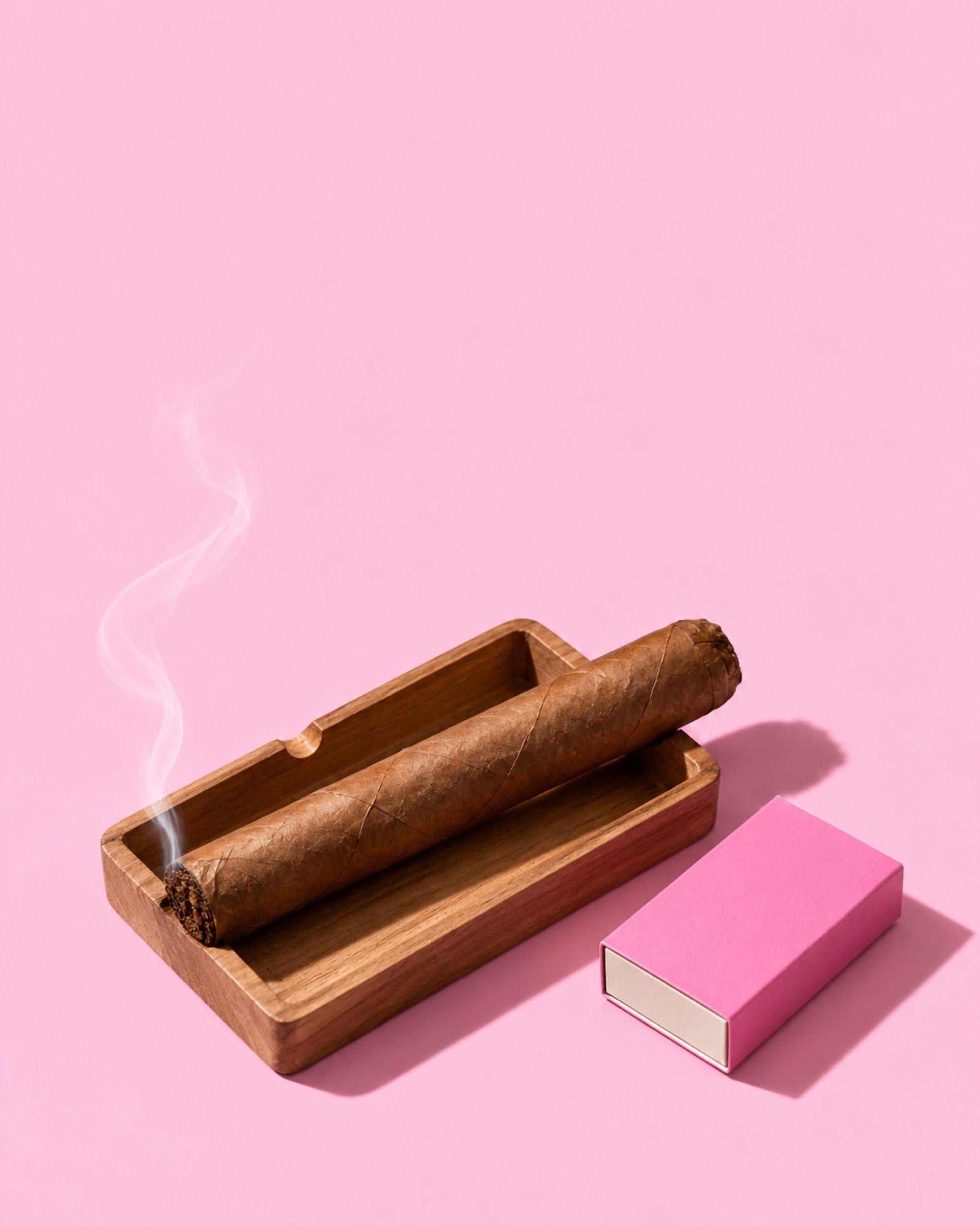 A lit cigar resting in a wooden ashtray beside a pink matchbox
