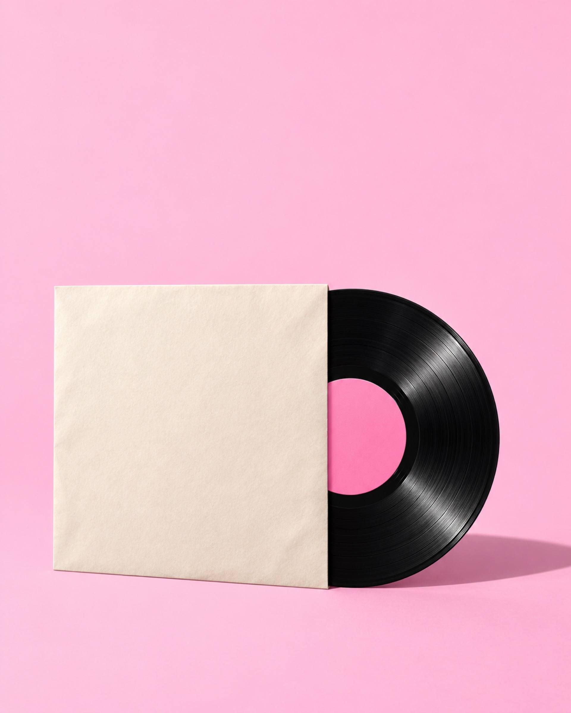 A vinyl record with a pink label sliding out of a plain sleeve